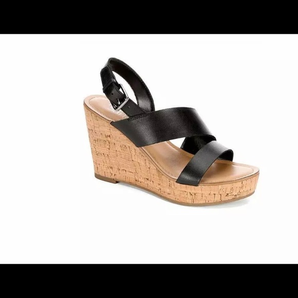 Franco Sarto Black Leather Wedge Sandals Size 7.5 - Picture 2 of 7